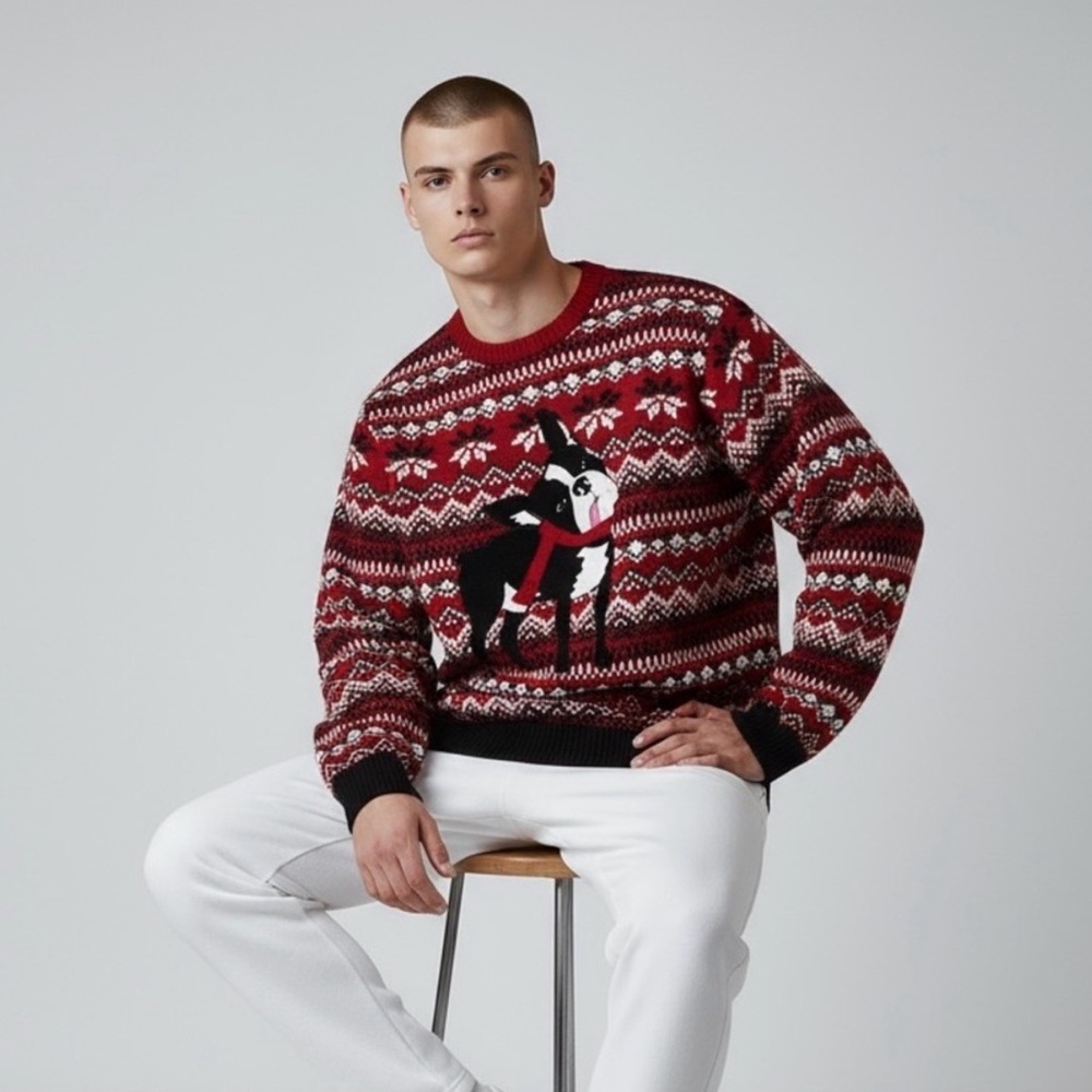 33 Degrees red knit ugly Christmasโ sweater with a Boston Terrier Size XL